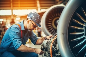 Aircraft maintenance technician inspects and works on airplane engines in the hangar at repair...