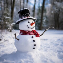 Snowman with a carrot nose, black hat, red scarf, coal buttons and stick arms standing outside on a winters day. Concept of winter, snow and childhood. 