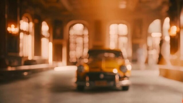 a vintage yellow car in car exhibition in blurred vision 