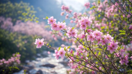 Obraz premium a close-up of pink cherry blossoms blooming on a tree. The tree is in front of a river and surrounded by greenery. The blossoms are vibrant and create a sense of warmth and vitality.