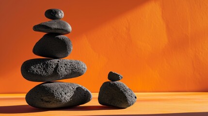 The Art of Stone Balancing. Balancing black rocks on orange background. Stacking. Rocks are piled in balanced stacks
