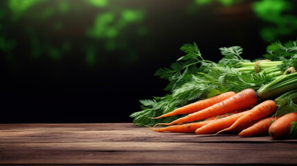 Vibrant organic carrots with lush green tops against a dark, blurred natural background.