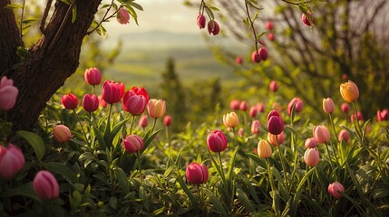a field of colorful tulips, with hues of pink, purple, and yellow. The flowers are in various...