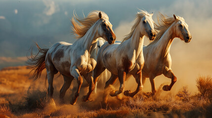 Horse herd galloping on sandy dust against sky. Horse herd run in desert sand storm against dramatic sky - obrazy, fototapety, plakaty