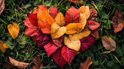 Colorful autumn leaves on the grass. Autumn background. Top view. Heart shaped.