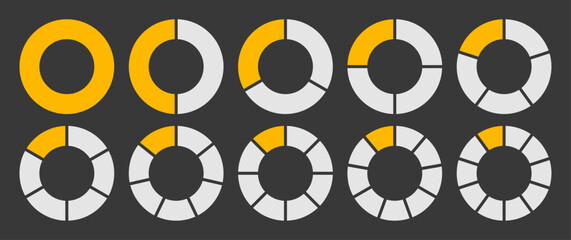 Hollow circle divided into 1-10 parts icon set. Hollow circle segment diagram in 1-10 parts graph icon pie shape section chart in yellow-white color. Hollow circle divided in ten parts infographics.