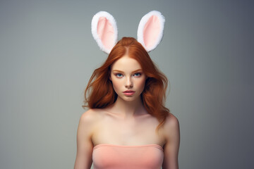 Young pretty redhead girl over isolated grey background wearing bunny ears for Easter holidays