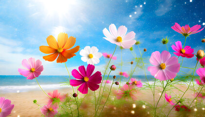 Colorful Cosmos Flowers on the Beach with a Bright Blue Sky