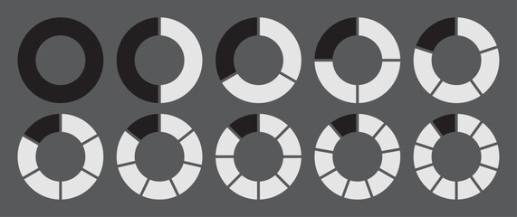 Hollow circle divided into 1-10 parts icon set. Hollow circle segment diagram in 1-10 parts graph icon pie shape section chart in black-white color. Hollow circle divided in ten parts infographics.