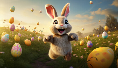 Easter bunny runs through a green meadow. Adorable rabbit on a meadow warming lighting. Cute rabbit...