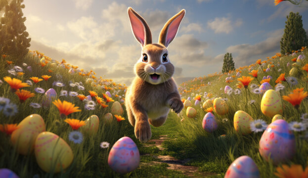 Easter bunny runs through a green meadow. Adorable rabbit on a meadow warming lighting. Cute rabbit in the grass field on a spring day