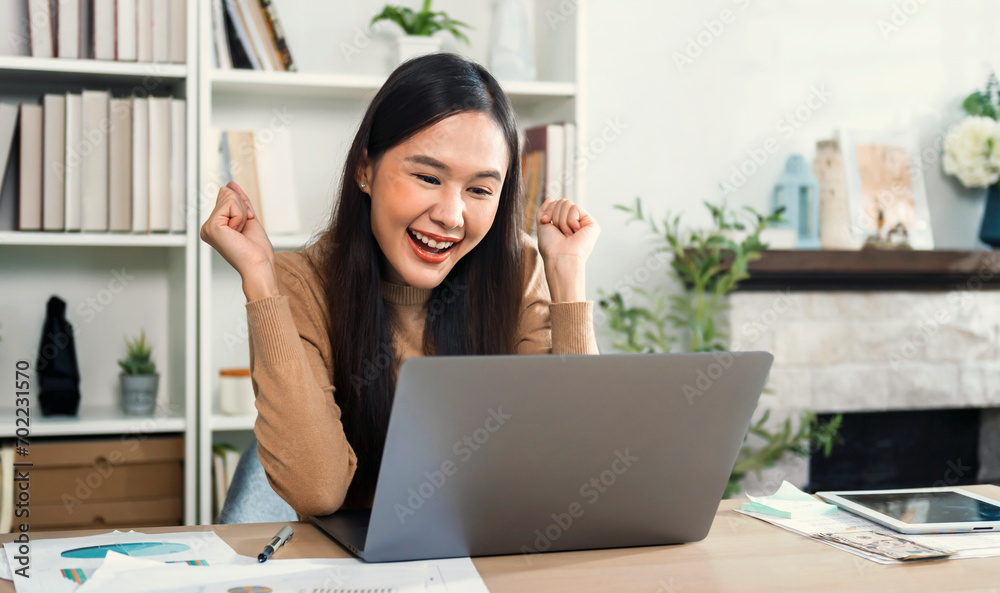 Poster accountant or auditor working with computer in office
