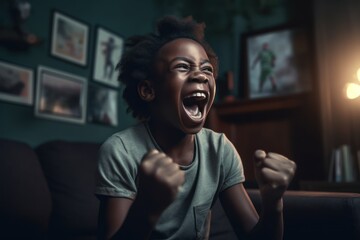 african boy at home celebrating a goal from his team happy - obrazy, fototapety, plakaty