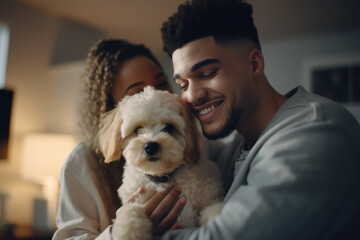 multiracial happy couple with their dog, generated with AI.