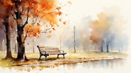 A bench in the park in autumn, watercolor clipart style - obrazy, fototapety, plakaty