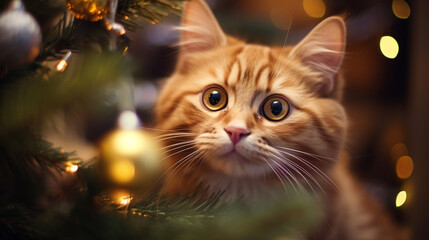 A cat near the New Year tree