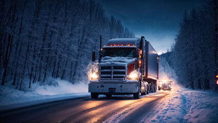 Obraz premium Truck driving on snowy road at night