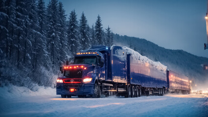 Truck driving on snowy road at night