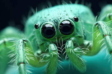 Green spider with big eyes on a black background. 3d rendering. 