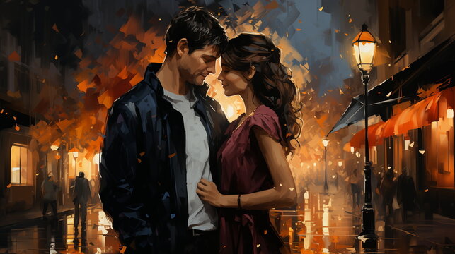 Couple in love embracing. Painting illustration.