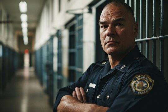 An authoritative Caucasian man serving as a correctional officer in a high-security prison environment