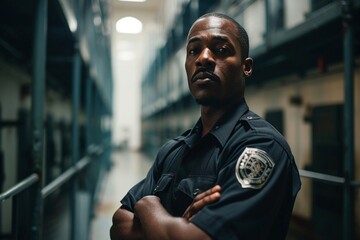 An authoritative African American correctional officer carrying out duties in a high-security prison environment