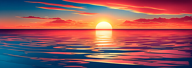 Wide illustration of serene flat ocean. Sunset over the ocean. Banner format. Panoramic view.