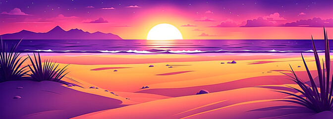 Purple sunset over the beach. Digital illustration style. Banner format.