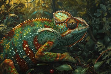 Fototapeta premium A vibrant chameleon perches on a lush branch, showcasing the beauty of nature's diverse organisms in the great outdoors