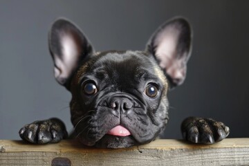 A charming french bulldog rests its snout on a wooden surface, embodying the adoring and loyal nature of a beloved pet in the comfort of an indoor space