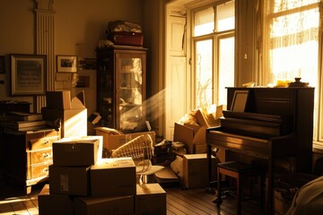 Amidst the clutter of boxes, a grand piano sits against the wall, its keys waiting to be played in the cozy interior of the room with a large window overlooking the house, furnished with a couch and 