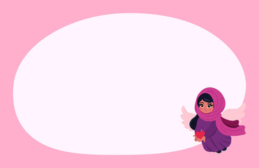 Cartoon illustration an Arab cupid with a headscarf, cupid gives his love. love and valentine's day symbol. angel with wings on a pink background. Horizontal poster or banner. Place for text.