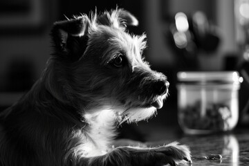 A charming monochrome terrier pup lounges on an indoor table, showcasing the endearing qualities of our beloved canine companions