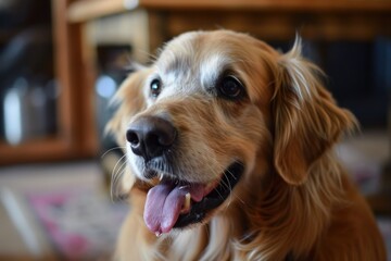 A playful golden retriever, belonging to the sporting group, happily sticks its tongue out, displaying its brown fur and friendly nature as a beloved indoor pet