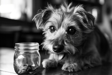 A playful terrier pup eagerly indulges in a savory treat, his monochrome fur and adorable antics bringing joy to his indoor pet parents