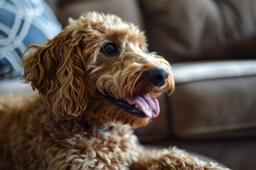 A joyful labradoodle-terrier mix happily sticks out its tongue, bringing a playful energy to its indoor surroundings as a beloved companion pet