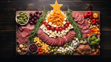 Creative table setting for the holiday, a Christmas tree made of food. Cheese sausage and various vegetables. Wooden table, top view.
