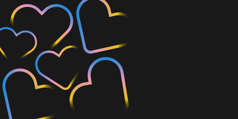 Cool lovely Valentines day banner template in trendy y2k style. Neon colored heart shapes on black background with copy space for text
