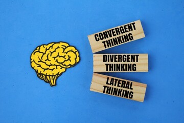 three ways of thinking. brain shape and the words Convergent thinking, Divergent thinking and...