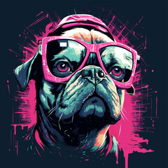 portrait of Playful Pug Illustration, vibrant and playful illustration  a pug dog wearing red oversized sunglasses 