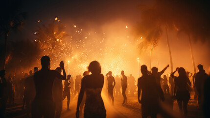 A lively beach party in full swing at night, illuminated by the vibrant sparks of fireworks among palm trees.