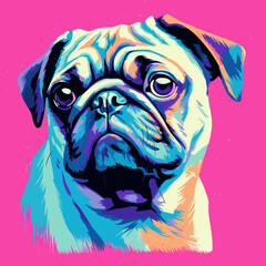 portrait of Playful Pug Illustration, vibrant and playful illustration  a pug dog wearing red oversized sunglasses 