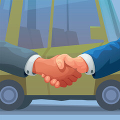 a dealer handshake with car at backdrop