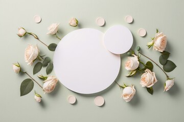A calming pastel beige backdrop provides the perfect canvas for this top view shot of lovely miniature roses with a blank two circles ideal for advertisements, Generative AI - obrazy, fototapety, plakaty