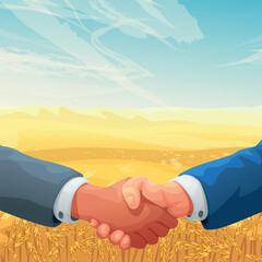 a handshake in front of crops field