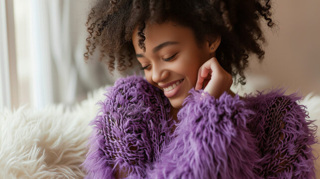 Photographie de mode d'une jeune femme m&eacute;tis heureuse de porter un pull en laine mohair &agrave; grosses mailles duveteuse de couleur violet, fond clair d'un int&eacute;rieur cosy et cocooning
