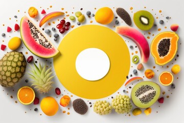 Summer is all about tropical flavors. Dragon fruit, kiwi, papaya, pineapple, orange, lime, carambola, bananas and coconut on a white background with empty circle for, Generative AI