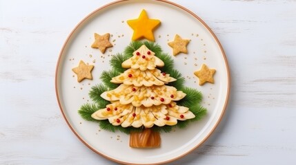 Creative table setting for the holiday, a Christmas tree made of food. Cheese and fruit on a plate. Fir branches are nearby Cookie stars.. White wooden table, top view.