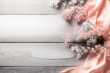 Hello spring concept. Top view photo of pink soft plaid and gypsophila flowers on grey wooden table background with copyspace, Generative AI - obrazy, fototapety, plakaty