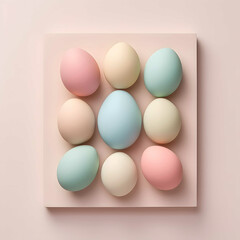 Easter colored eggs on trendy pastel pink background. Minimal raw food concept. Preparation for holiday. Flat lay, top view.